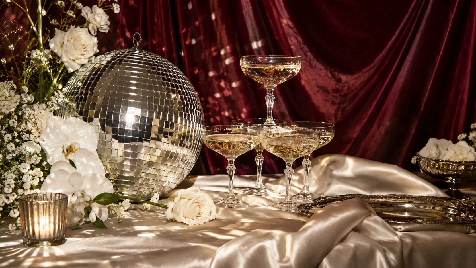 Feestelijk sfeerbeeld met champagneglazen, bloemen en een discobal